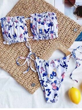 White Strapless Ruffle Bikini Set with Blue Floral Printing